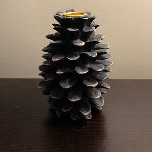 Black Candle Holder with Natural Pinecone Accent